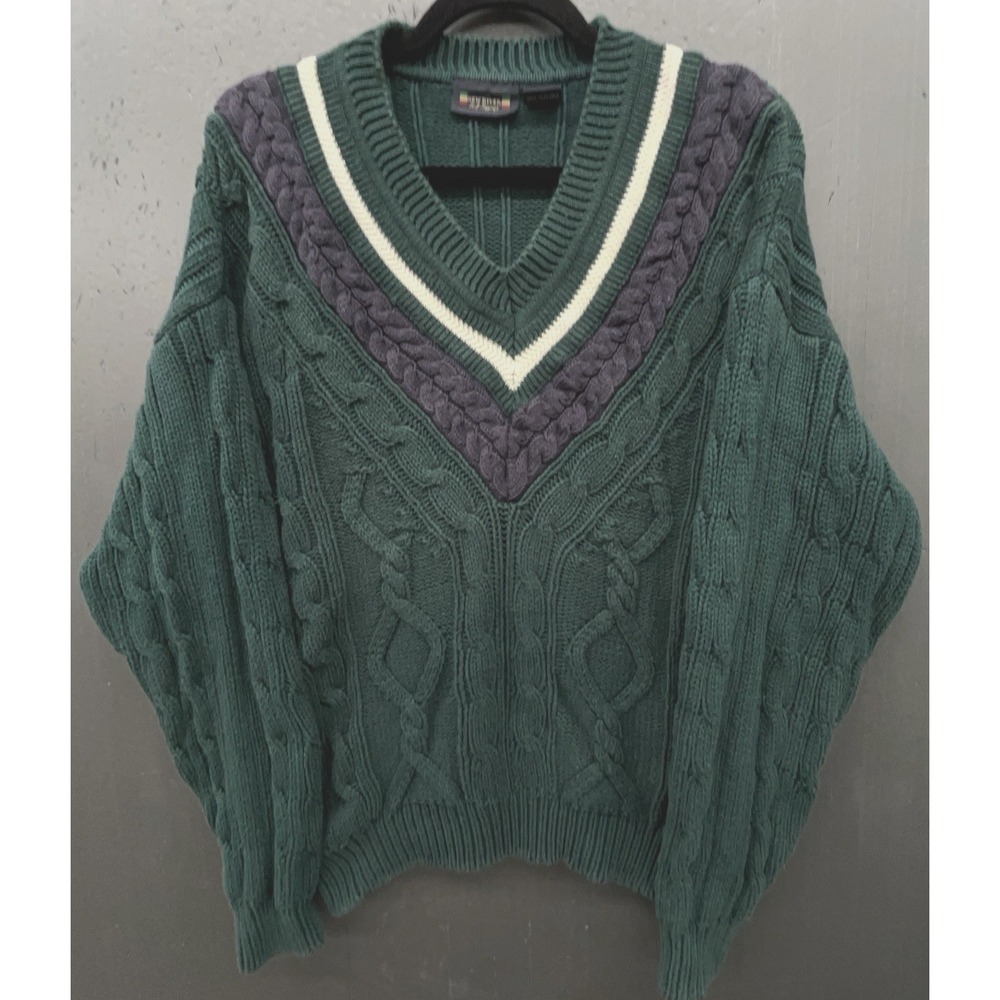 Vintage New River Tennis Sweater Men M Green Cable Knit V Neck Ivy Prep Cricket